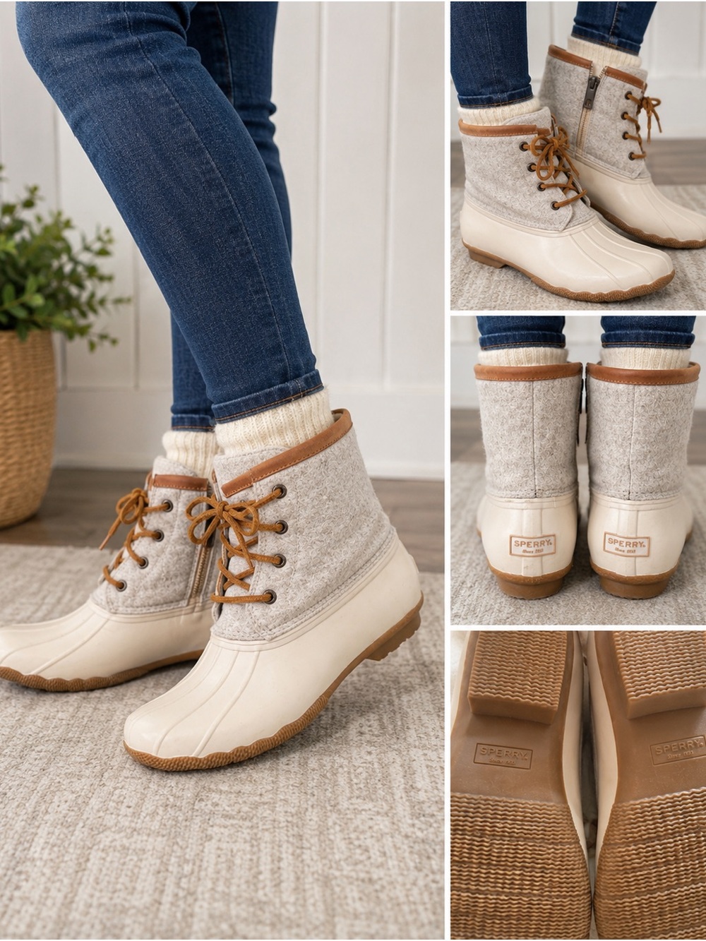 Sperry Wool Duck Rain Boots Cream Gray Lace Up Side Zip Boots Women’s 9